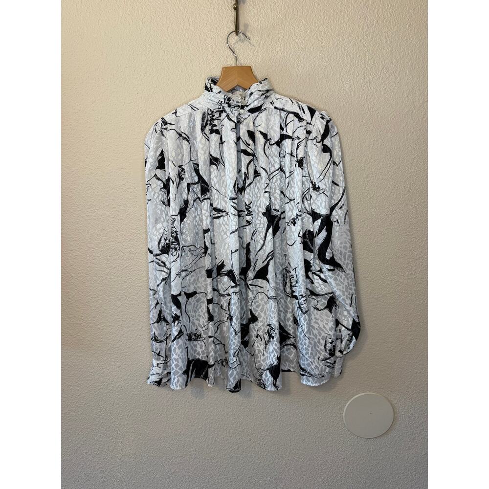 VTG TESS Paris-Milano Silkey Retro 80’s White Black Floral Turtle Neck Blouse 4 - Picture 5 of 13